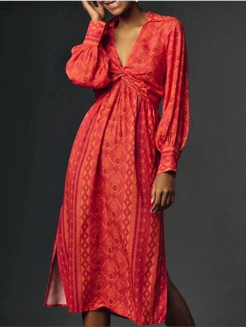 Farm Rio Twisted Cup Midi Dress Red & Orange XL